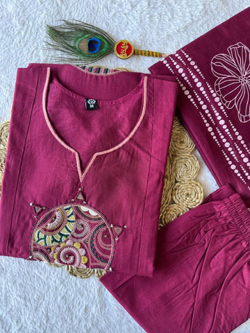 Alluring Burgundy Cotton Embroidery Work Kurti