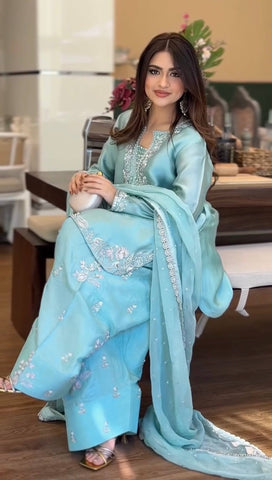 Exclusive Blue Silk Sequence Work Palazzo Suit
