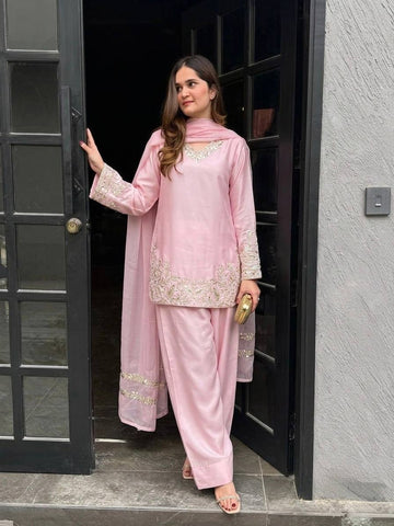 Elegant Pink Crepe Silk Embroidery Work Palazzo Suit