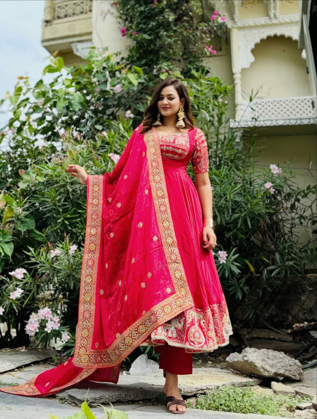 Alluring Red Heavy Natural Crep Silk Embroidered Anarkali Suit