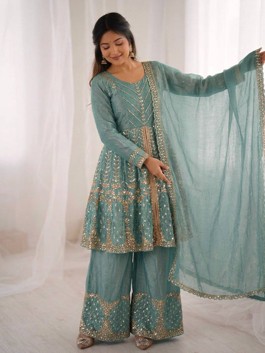 Amazing Green Fendy Silk Embroidery Sequence Work Palazzo Suit