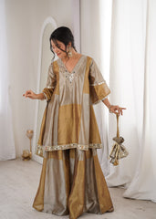 Lovely Golden Two-Tone Embroidered Mirror Work Sharara Suit