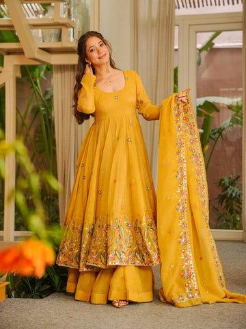 Mesmerizing Yellow Soft Silk with Sequins Embroidery Gown