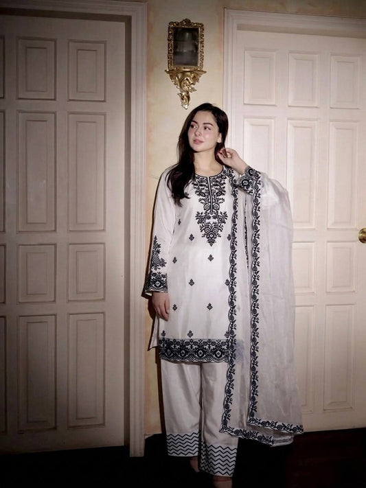 Adorable White Rayon Cotton Embroidery Work Sharara Suit