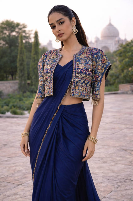 Amazing Blue Heavy Crepe Silk Embroidery Jacket With Saree