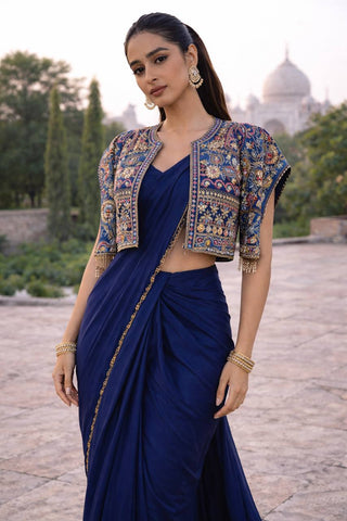 Amazing Blue Heavy Crepe Silk Embroidery Jacket With Saree