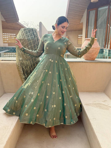 Amazing Pista Green Embroidery Anarkali Gown