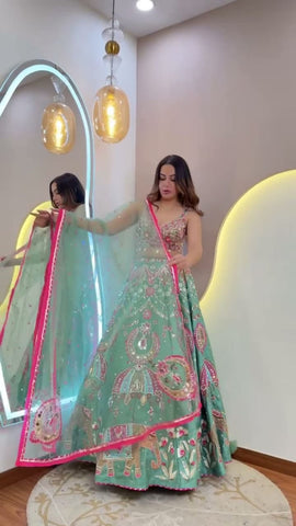 Stunning Aqua Green Silk with Embroidery Work Lehenga