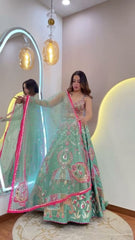 Stunning Aqua Green Silk with Embroidery Work Lehenga