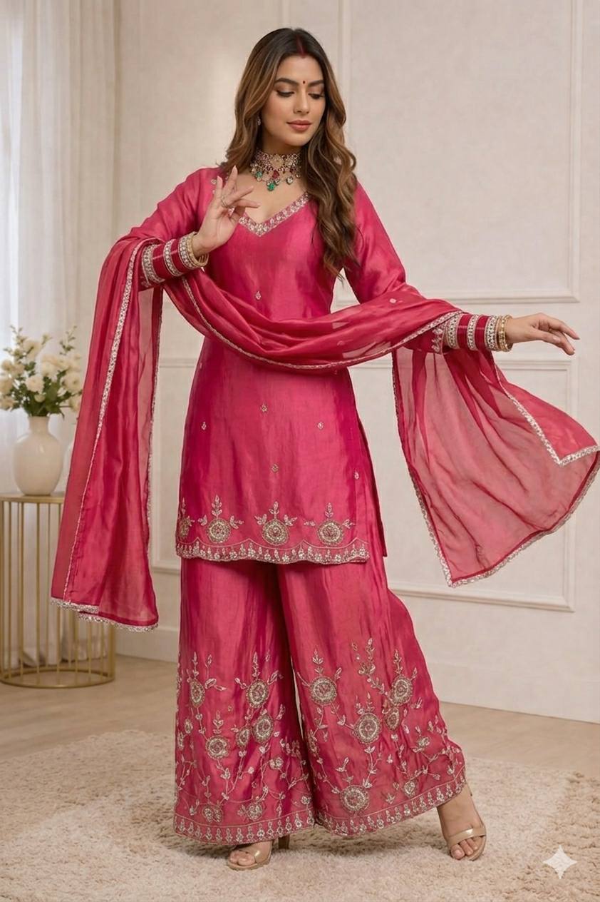 Lovely Pink Silk with Sequence Work Palazzo Suit