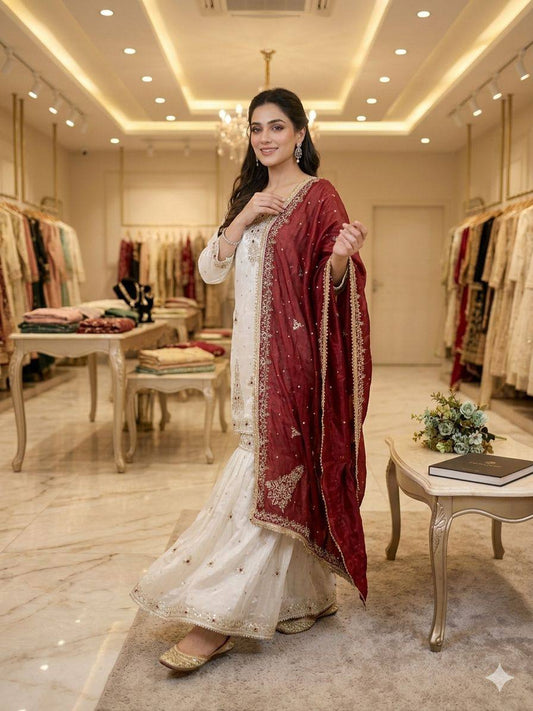 Lovely White Fandy Silk Sequence Embroidery Sharara Suit