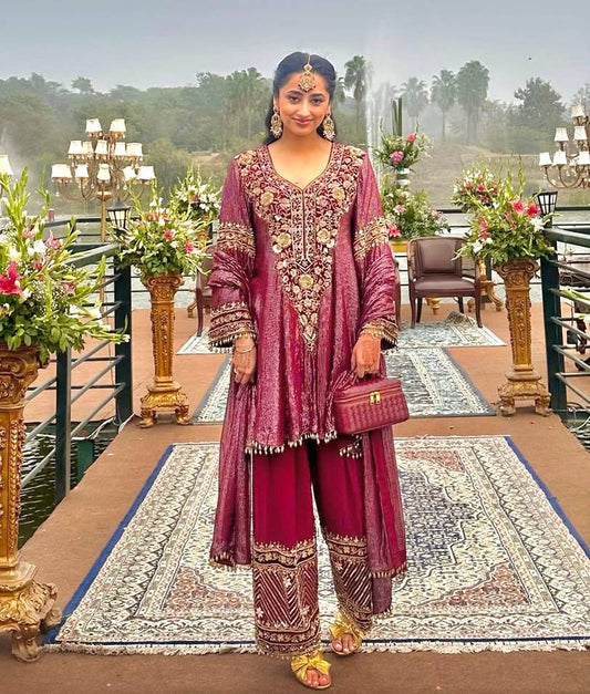 Amazing Pink Nylon Lining with Heavy Embroidery Sharara Suit
