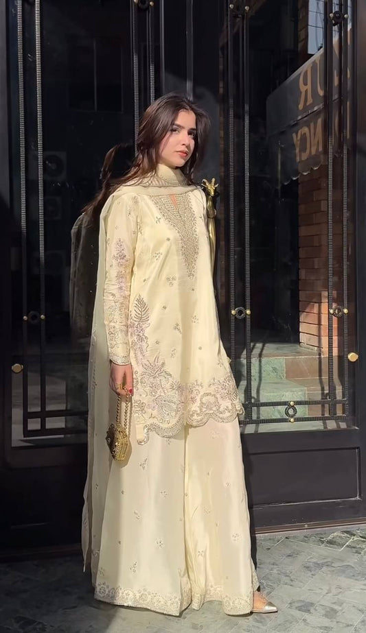 Marvelous Cream Heavy  Sequence Work Sharara Suit