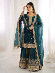 Captivating Orange Fendy Silk Embroidery Palazzo Suit
