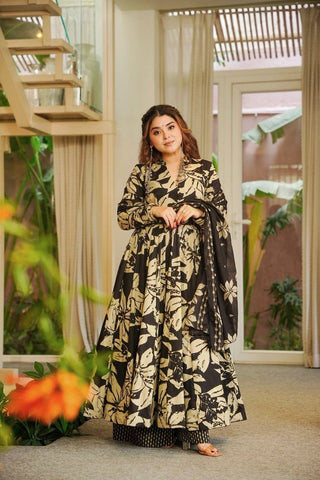 Awesome Black Maslin Cotton Digital Print Anarkali Suit