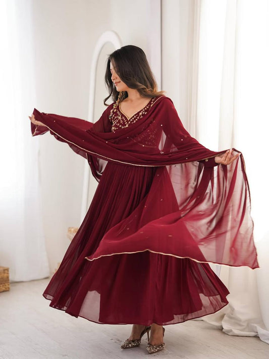 Lovely Maroon Faux Georgette Handwork Anarkali Suit