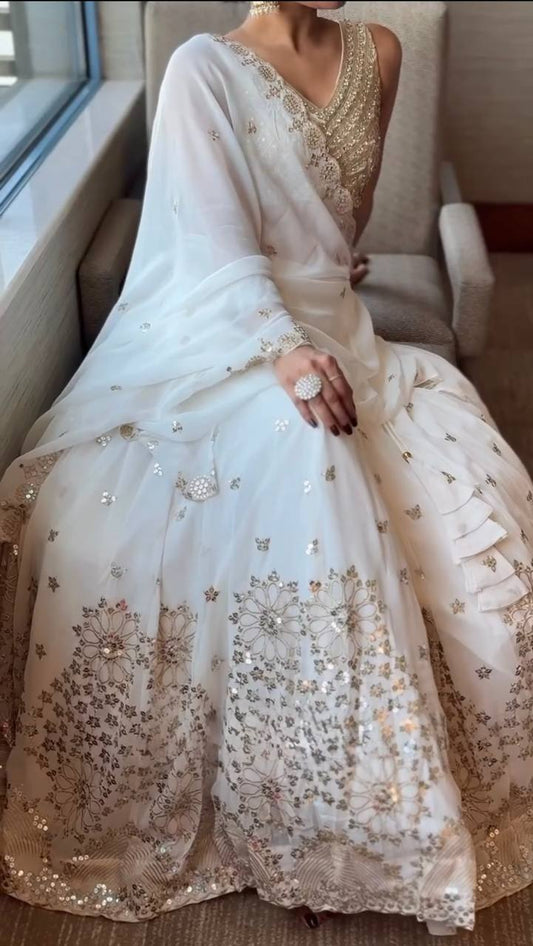 Innovative White Color Thread Work Lehenga Choli