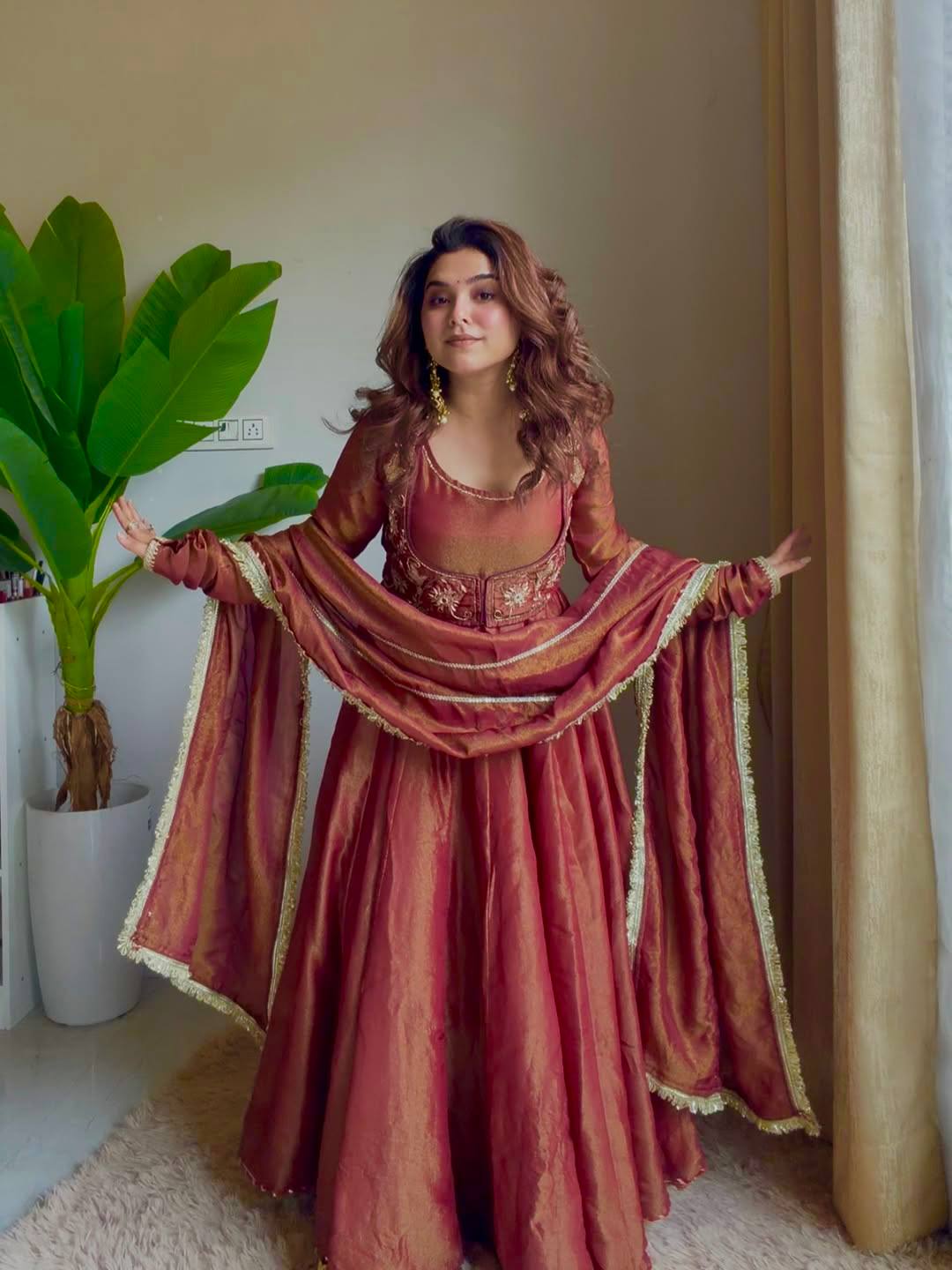 Stylish Red Color Silk with Koti Work Anarkali Suit