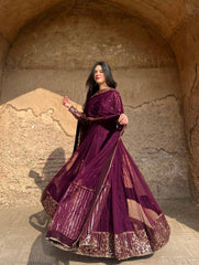 Fabulous Maroon Faux Georgette Thread and Sequence Work Gown