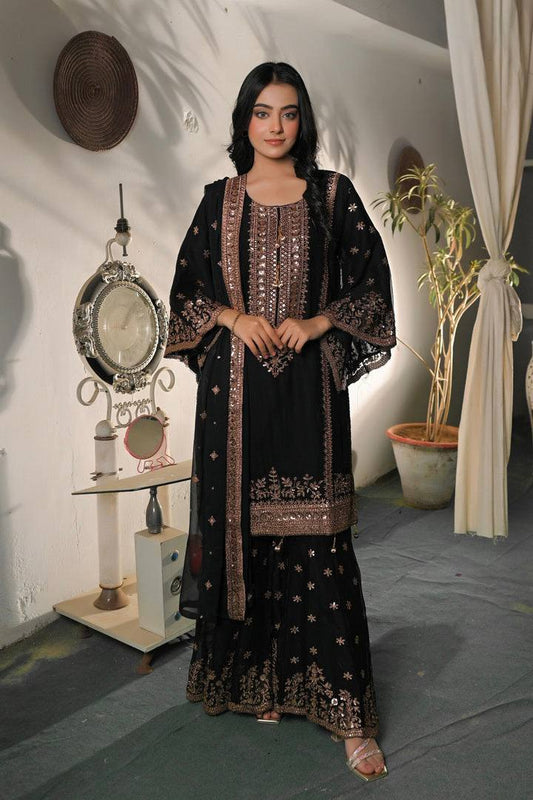 Alluring Black Silk with Sequence Work Sharara Suit