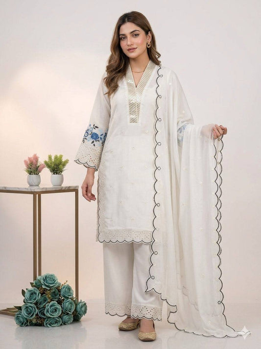 Exclusive White Sequence Embroidery Cut Work Sharara Suit