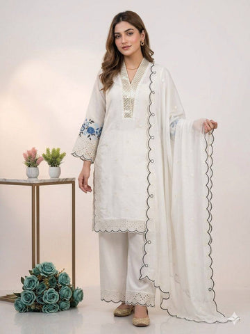 Exclusive White Sequence Embroidery Cut Work Sharara Suit