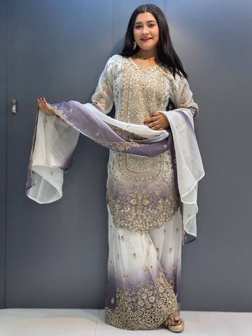 Fabulous White Georgette with Embroidery Work Palazzo Suit