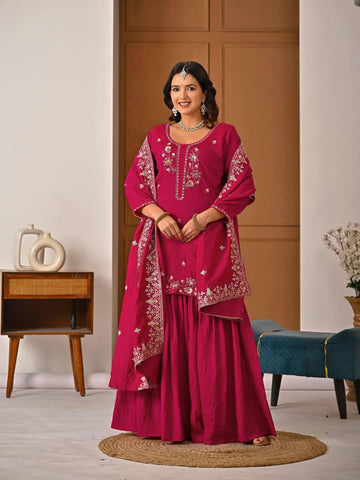 Beautiful Pink Vichitra Work Sharara Suit