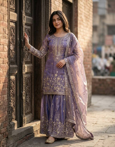 Lovely Lavender Silk Embroidery Work Sharara Suit