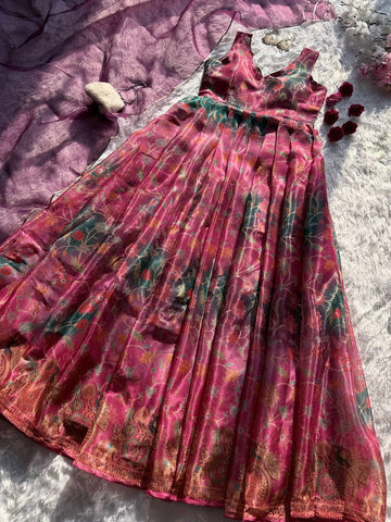 Stunning Pink Organza Silk Digital Printed Anarkali Gown