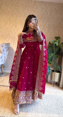 Exclusive Maroon Fandy Satin Silk with Heavy Embroidery Work Gown