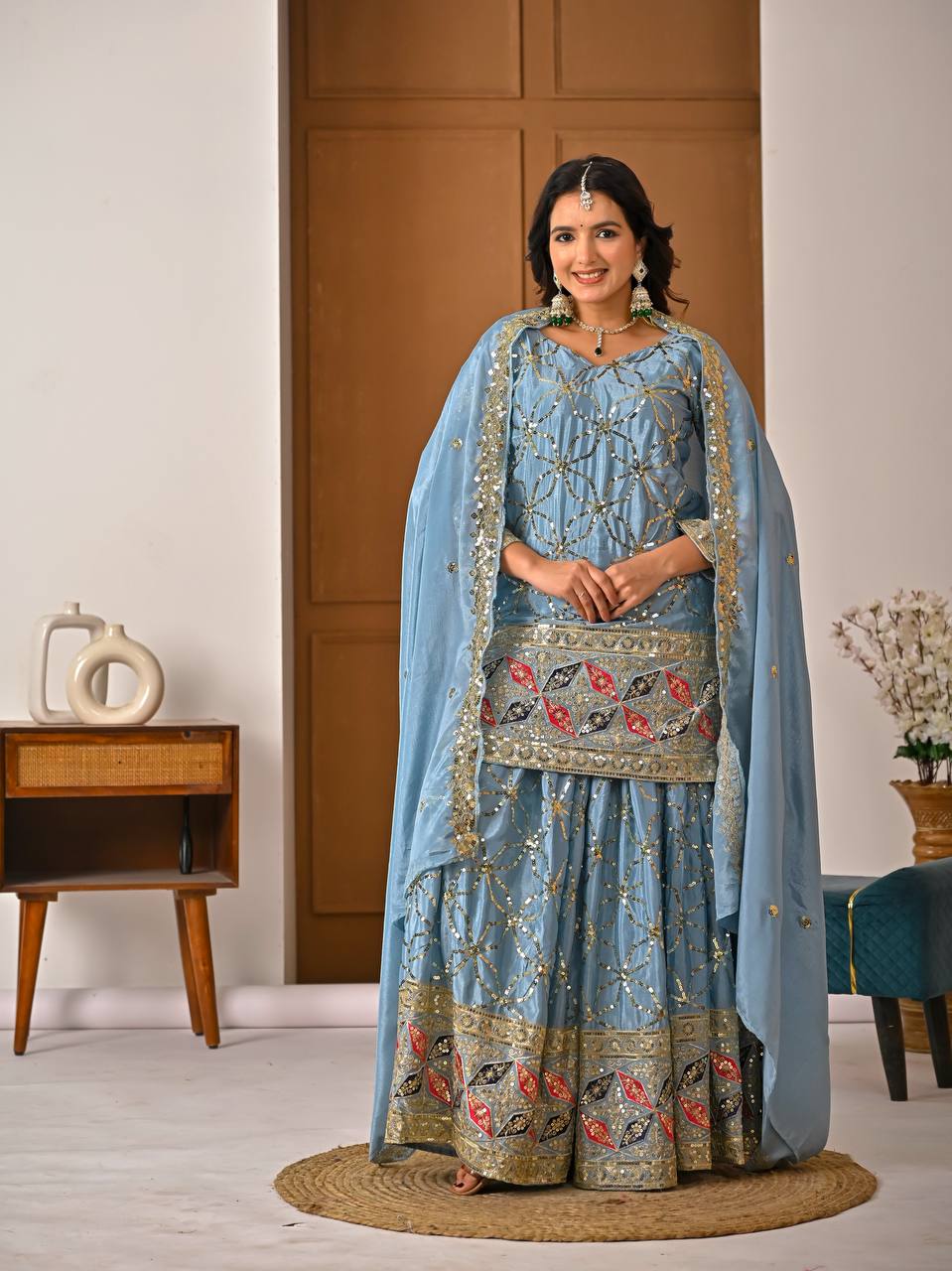 Exclusive Blue Heavy Chinnon Silk Sharara Suit
