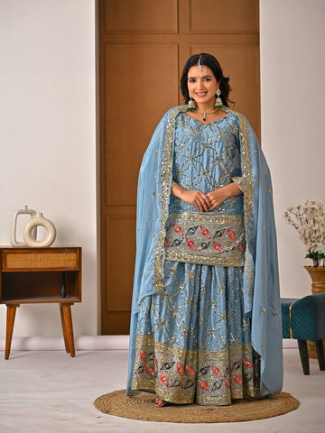 Exclusive Blue Heavy Chinnon Silk Sharara Suit