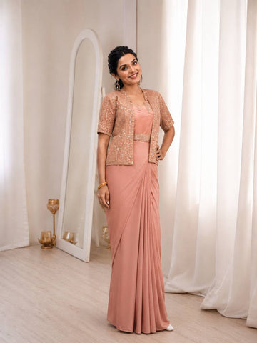 Exclusive Peach Heavy Crep Silk Embroidery Work Saree