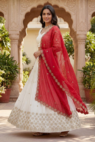 Exclusive Red Chinon Embroidery Party Wear Lehenga Choli