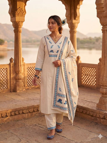 Cream Khadi Cotton with Sequence Work Sharara Suit