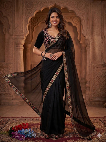 Exclusive Black Burberry Silk with Beads Work Saree