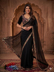Exclusive Black Burberry Silk with Beads Work Saree