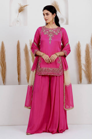 Amazing Pink Crepe Silk Embroidery Work Sharara Suit