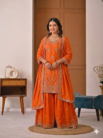 Beautiful Orange Natural Crep Embroidered Sharara Suit