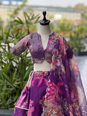 Shining Purple Organza Sequence Work Lehenga