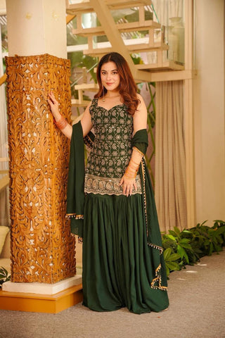 Green Faux Georgette Embroidery Sharara Suit