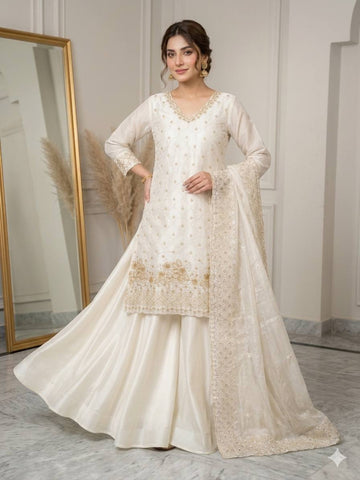 Lovely White Fendy with Beads Work Kurti Set