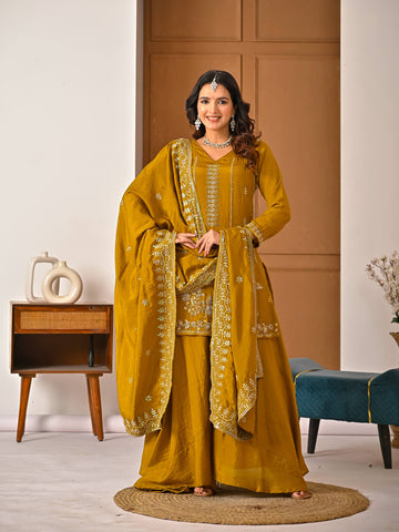 Awesome Mustard Heavy With Hand Work Sharara Suit