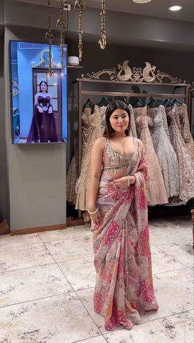Pink Digital Floral Print, Sequins Embroidery Saree