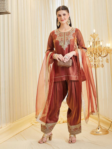 Brown Heavy Embroidery Work Sharara Suit