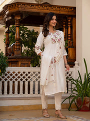 Alluring Rust Pure Viscose Mango Silk Multi Embroidery Work Kurti Set