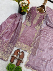 Captivating Orange Fendy Silk Embroidery Palazzo Suit