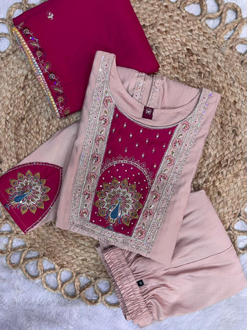 Lovely Pink Roman Silk Multi Embroidery Anarkali Kurti Set