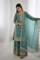 Captivating Orange Fendy Silk Embroidery Palazzo Suit